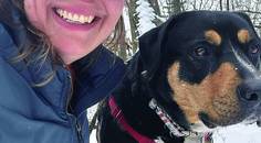 November 2025 cover artist Jennifer Zelinske with her dog Betsy Ross